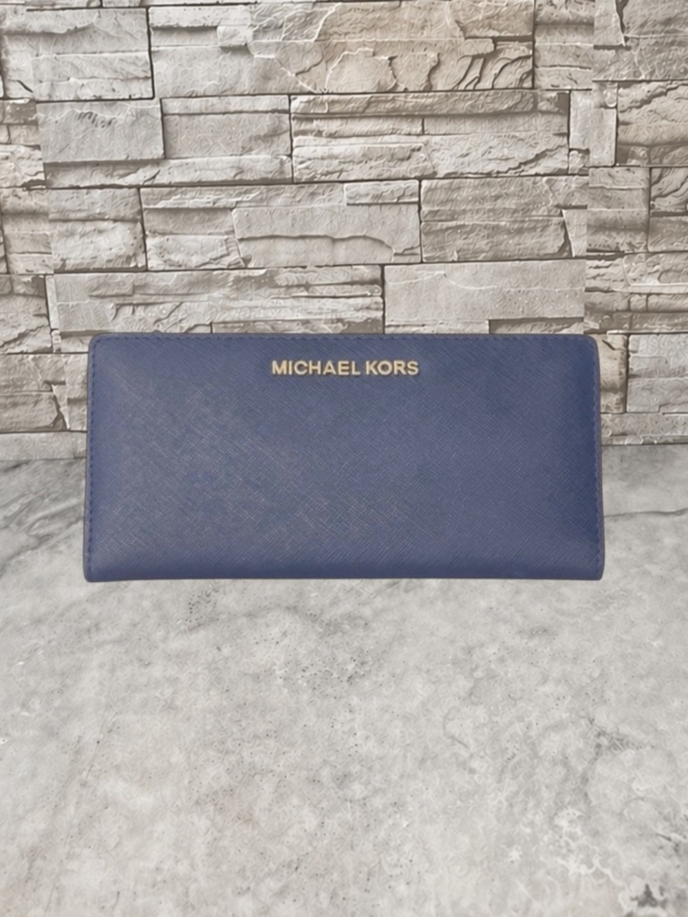 Michael Kors Saffiano Leather Slim Bifold Wallet & Card Case Navy Blue